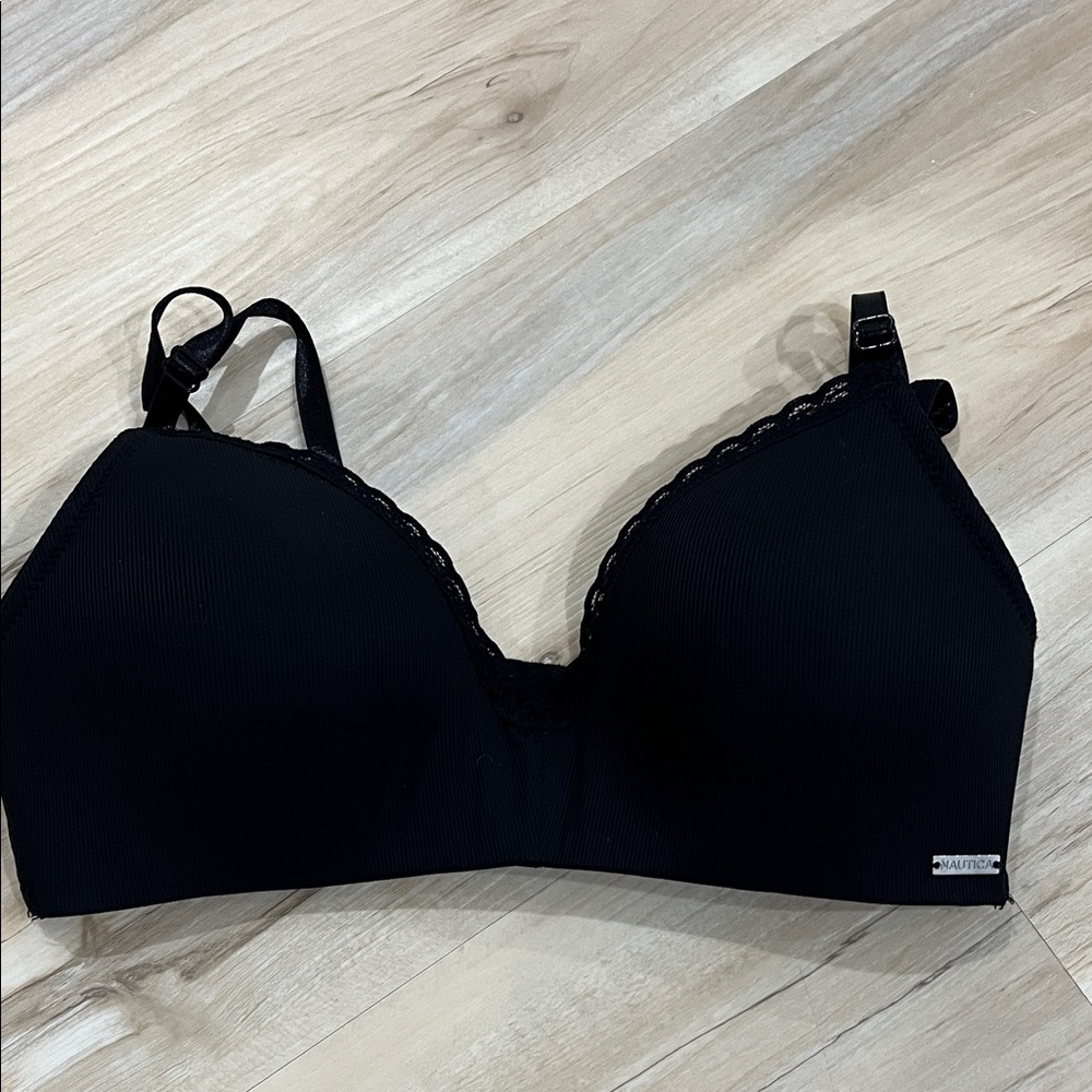Nautica Women’s Bra 34B Black Ribbed Lace Trim Lined Adjustable EUC Lingerie